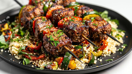 Savory moroccan lamb skewers with vibrant bell peppers, couscous, and fresh herbs presented on a...