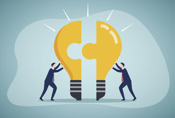 A group of businessmen associate the idea of a light bulb puzzle. business strategy, teamwork concept vector illustration.