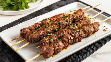 Delicious moroccan kebabs garnished with fresh herbs served on a white rectangular plate,...
