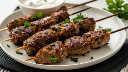 Appetizing moroccan kefta kebabs garnished with fresh parsley, served with creamy sauce on a white plate, authentic cuisine concept