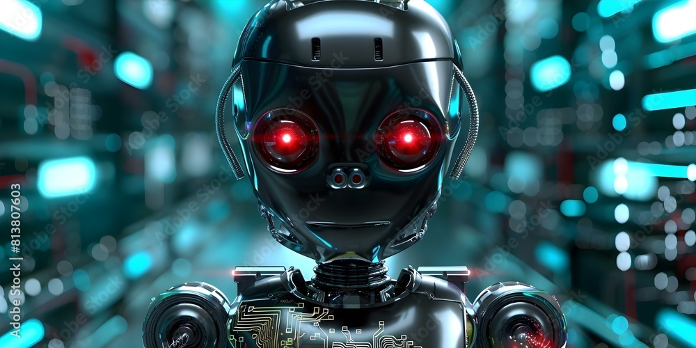 Poster an advanced black robot with red eyes and glowing circuit board. concept sci-fi, robotics, artificia