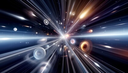 A cosmic burst with speeding light streaks emanating from a bright center, surrounded by multiple planets and swirling galaxies in a dark universe.