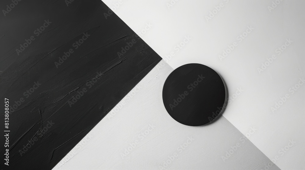Poster a black and white circular object.