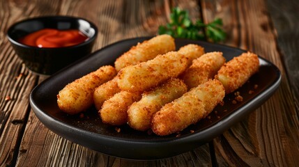 Dishes of American cuisine. Cheese sticks in breadcrumbs. 