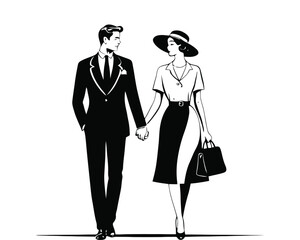 silhouette of retro vintage couple holding hands and walking. man and woman in suit and dress. couple in a date 80s style. vector illustration clip art.
