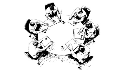 Roundtable discussion at a company , view from above in company office, vector sketch illustration