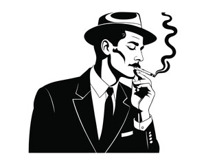 Silhouette of a vintage retro man in a hat smoking a cigarette. retro, vector illustration, vintage sketch hand drawn clip art