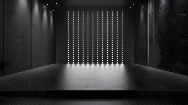 Black empty stage with LED lights and modern background wall with dots. Background for product presentation, fashion show or corporate event. 
