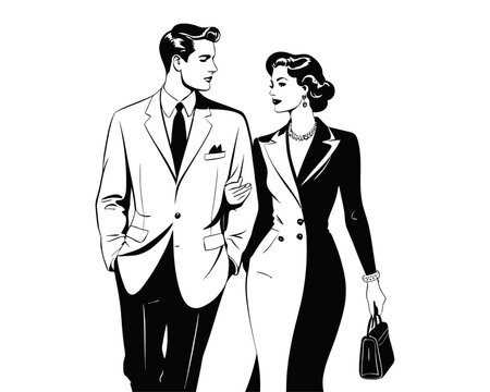 silhouette of retro vintage couple holding hands and walking. man and woman in suit and dress. couple in a date 80s style. vector illustration clip art.