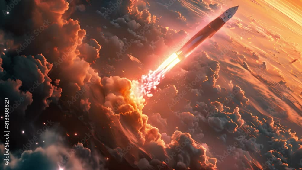 Aufkleber an artists rendering of a rocket blasting off into space with billowing flames and clouds of smoke u