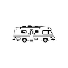 RV Camper trailer Motor Home silhouette. Campervan RV caravan vehicle isolated in white. camping car, Travel SUV, pickup, truck and transport vector illustration. hand drawn stock clip art