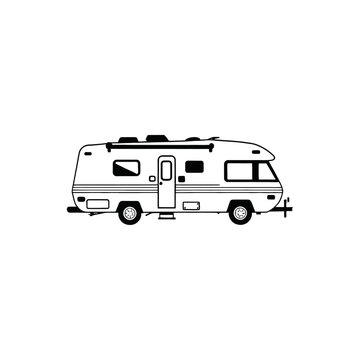 recommend clip art: RV Camper trailer Motor Home silhouette. Campervan RV caravan vehicle isolated in white. camping car, Travel SUV, pickup, truck and transport vector illustration. hand drawn stock clip art