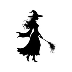 witches silhouettes vector illustration. mythical characters for Halloween witch drawing black and white. Magic female in witch hat outline clip art.