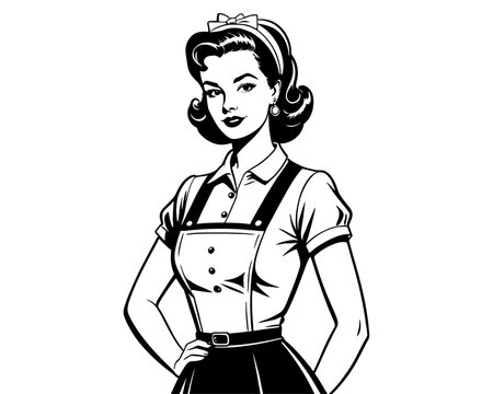 retro 80s style hand drawing of a waitress. female waiter in vintage style. beautiful woman waiter of a restaurant or coffee shop. 