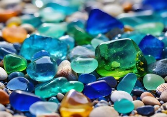 Colorful gemstones on a beach, textured sea glass