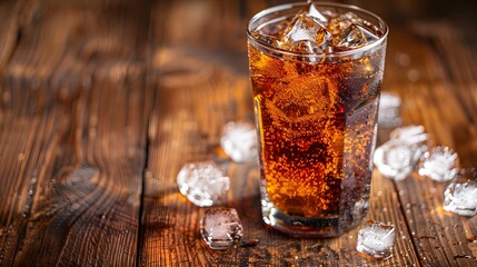 Fototapeta premium Close up of glass with cola and ice cubes on wooden table. 