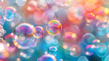 Colorful background with bubbles floating in the air, bright colors, light and shadow effects. Delicate textures of soap bubbles
