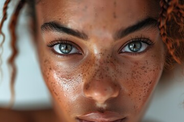 Close-Up Portrait of Young Woman with Freckles and Blue Eyes