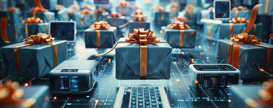 A digital collage of various technological devices as gifts, wrapped with digital ribbons and floating in a cyberspace