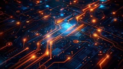 Obraz premium Digital technology background with blue and orange glowing elements, circuit board patterns, data transfer concept, dark color scheme, vector illustration design. 