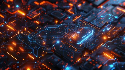 Fototapeta premium Digital technology background with blue and orange glowing elements, circuit board patterns, data transfer concept, dark color scheme, vector illustration design. 