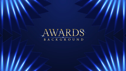 Obraz premium Dark blue luxury awards graphics background with light neon elegant shine spotlight effects. Premium corporate abstract design template. Banner certificate dynamic shape.