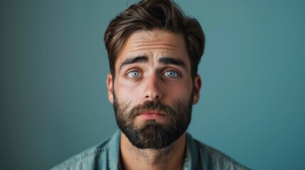 Fototapeta premium Surprised man with beard and blue shirt looking up at camera with astonishment