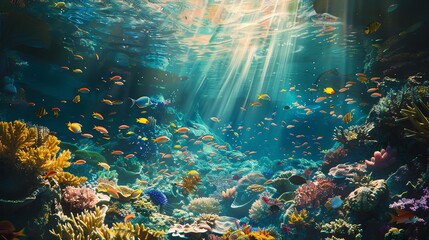 Obraz premium Underwater view of a coral reef with many colorful fish.