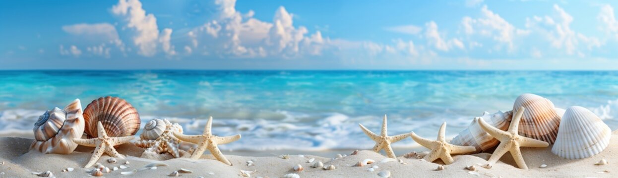 A panoramic view of the sandy beach with seashells and starfish, set against an azure ocean backdrop on a clear summer day