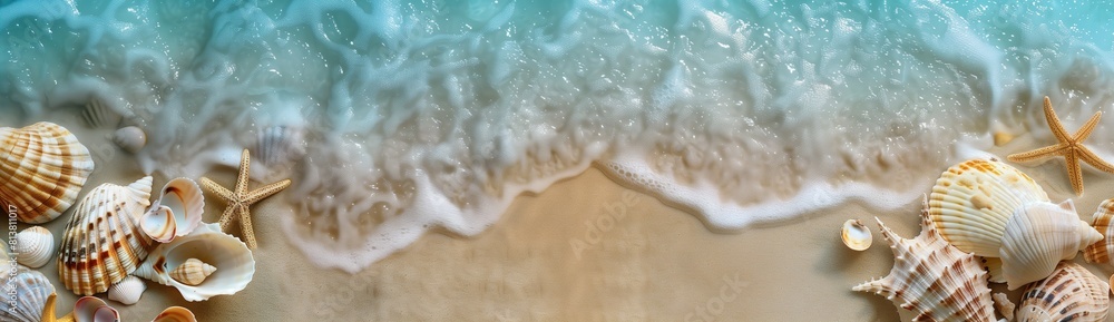 Sticker A panoramic view of the sandy beach with seashells and starfish, set against an azure ocean backdrop