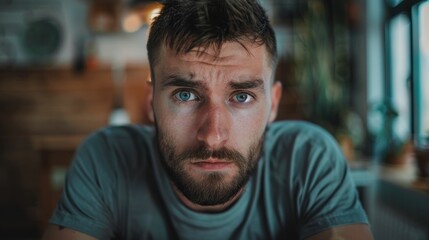 Fototapeta premium Portrait of a serious bearded man with blue eyes staring at camera while sitting at table in a room