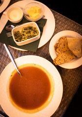 South Iceland-2nd march, 2023: fresh local tomato soup served in Fridheimar-visitors friendly tomato farm greenhouse.Famous travel destination on golden circle route