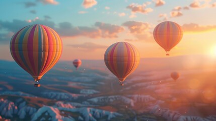 Majestic Hot Air Balloons Soaring Over Scenic Landscape at Sunset