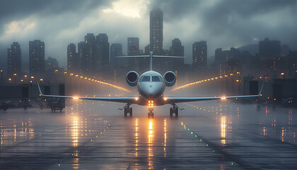 Private luxury jet aircraft on a rainy, foggy, wet runway, lit with sunset moody sky light, with a modern downtown background, waiting for response for takeoff. Business people traveling concept image