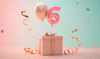 The sixth birthday is a special day, so a gift in an elegant box with a balloon in the shape of the number 6, colorful confetti and bows on a delicate background of pastel colors