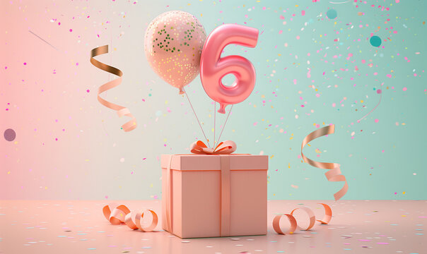 The sixth birthday is a special day, so a gift in an elegant box with a balloon in the shape of the number 6, colorful confetti and bows on a delicate background of pastel colors