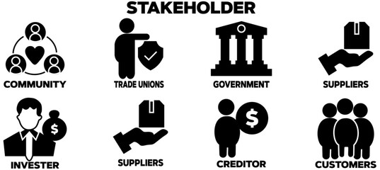 Stakeholder banner with icons. Stakeholder icons of Investors, Community, Trade Unions, Government, Suppliers, Customers, and Creditors. Vector Illustration