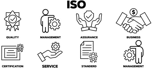 ISO 9001 banner with icons. Outline icons of quality, management, standard, assurance, business, certification and service. Vector Illustration