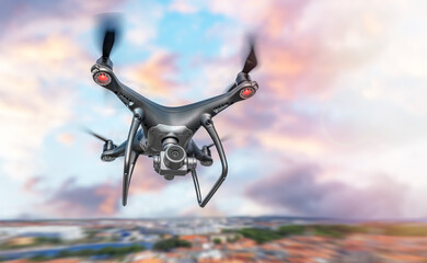 A black modern drone with a camera flies in the sky.