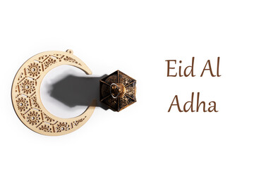 Eid al Adha, traditional Arabic lantern, glowing in the crescent moonlight, symbol of Islamic...
