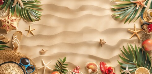 The background is made of fine sand, with various beach accessories and elements scattered on the left side