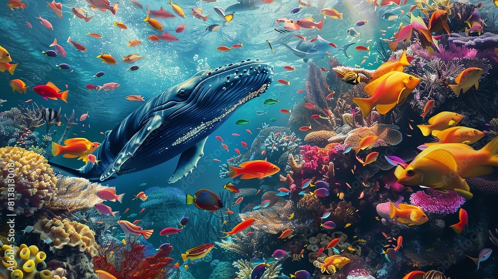 Sticker Underwater scene with a blue whale swimming over a colorful coral reef.