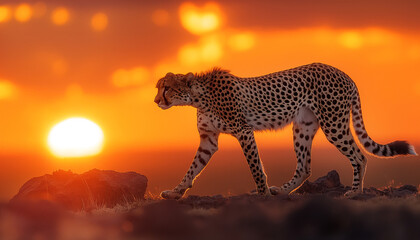 Majestic Cheetah at Sunset: Graceful cheetah walks across rocky terrain against stunning sunset backdrop. Warm hues of sky complement sleek silhouette of cheetah creating captivating scene of wildlife