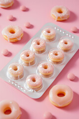 
pill tab,blister with small donuts inside it against a pastel pink background. sugar, dopamine, sweet treat, food addiction, eating disorder, doping concept, creative advertising