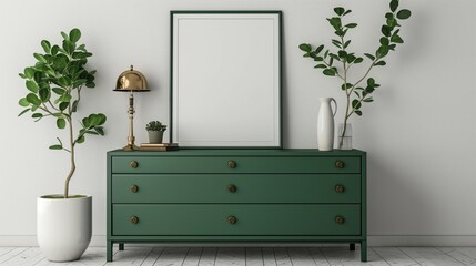 Frame mockup, home room interior with green console chest of drawers, wall poster frame, 3D render