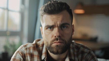 Obraz premium Portrait of a serious bearded man in plaid shirt looking directly at the camera with intense expression