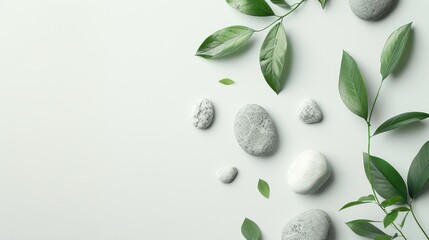 White background with grey stones and green leaves, soft shadow on the white surface, light gray color scheme, minimalist style, clean and elegant. - Powered by Adobe