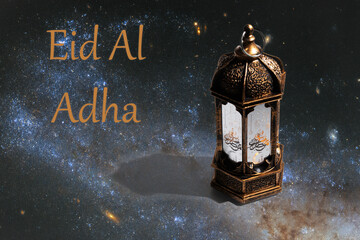 Eid al Adha, traditional Arabic lantern on the background of the star sky, Ramadan Kareem, Arabian...