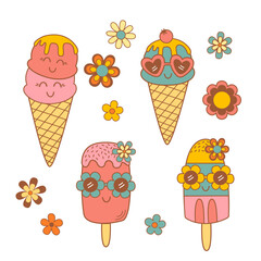 set of isolated cute ice cream and flowers