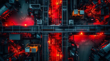 An aerial view of an oil refinery at night. The lights from the refinery create a red glow over the area.